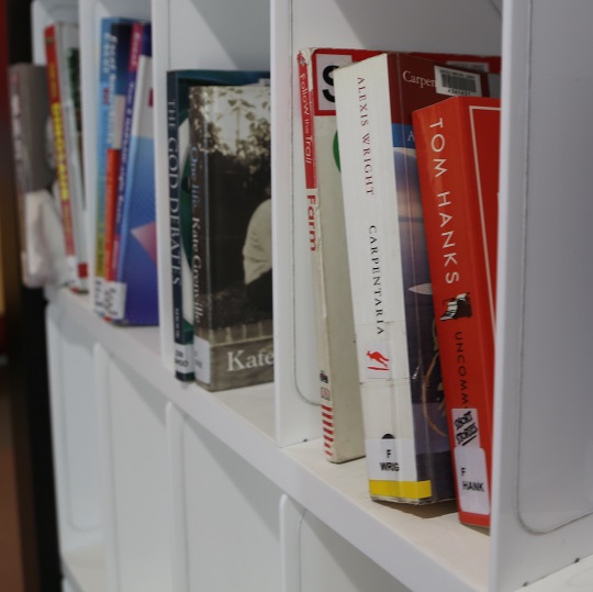 selection of books stacked on the white smart shelving